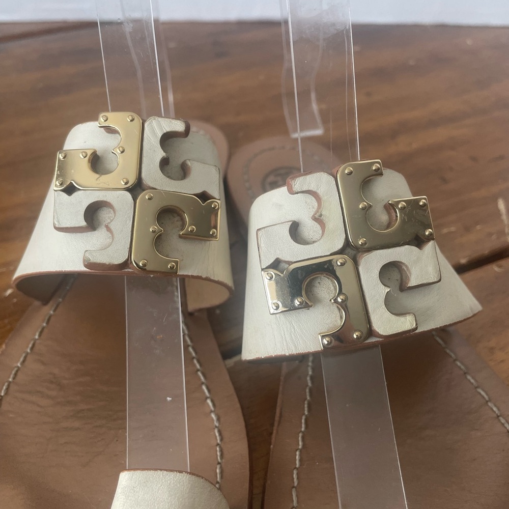 Tory Burch Selby Flat Sandals Toe Ring Ivory Gold Size 5.5 Leather Well Worn - Picture 6 of 8